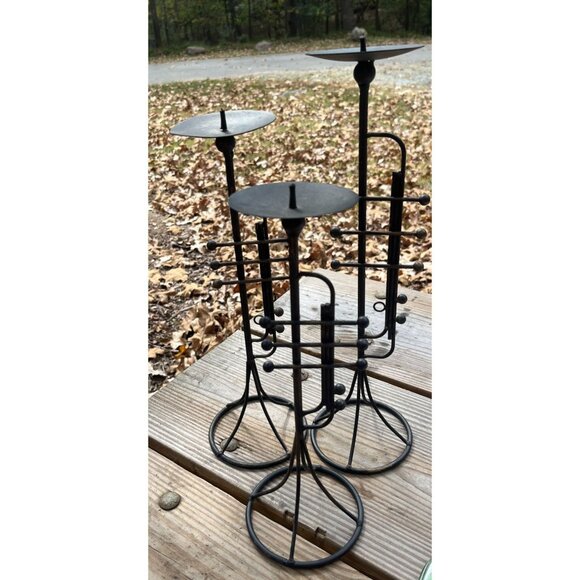 Set Of 3 Vintage Trumpet-Shaped Black Metal Pilar Candle Holders - Picture 3 of 13